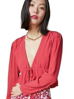 Aritzia Coral Red Deep V-Neck Long Sleeve Tie-Front Top